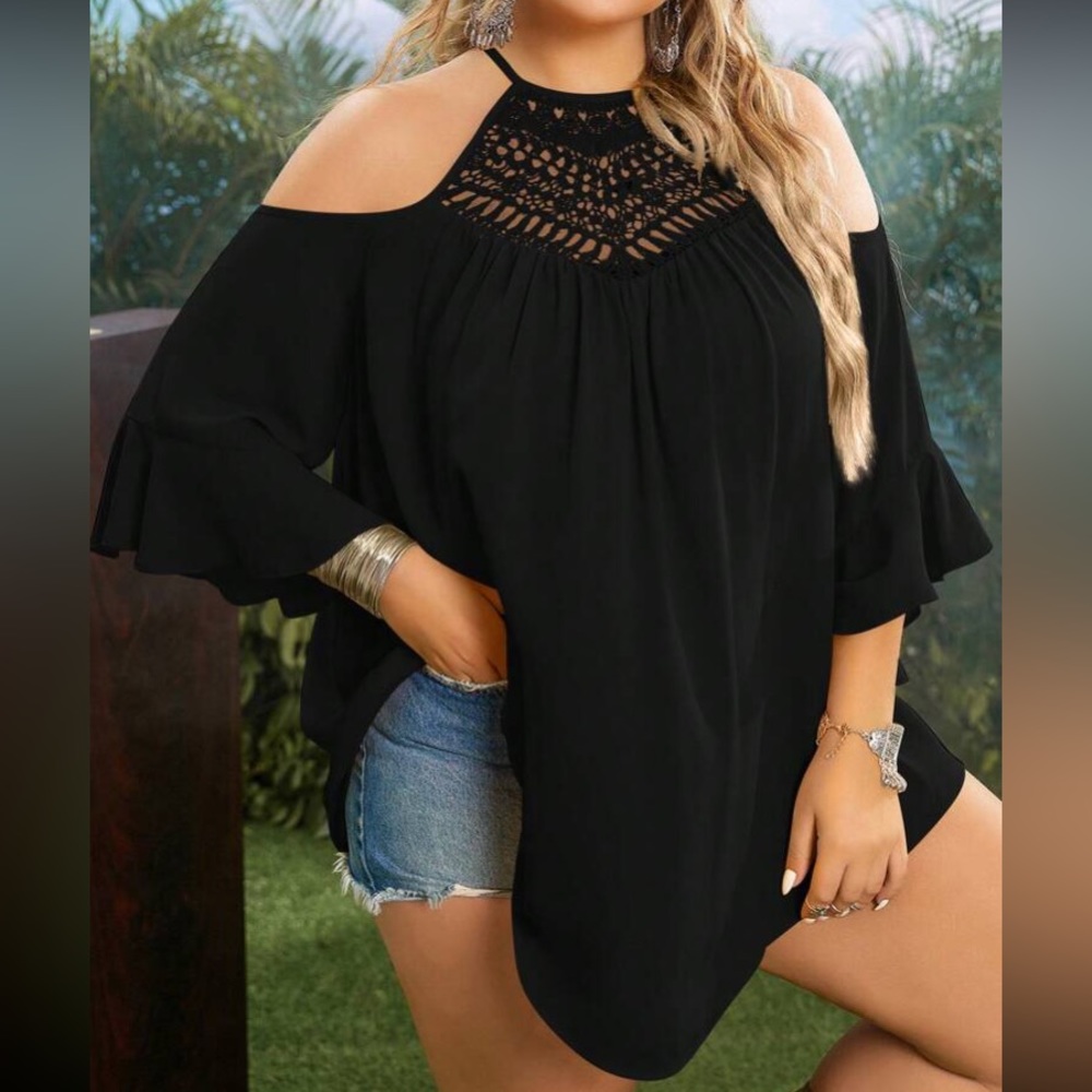 Boho lace insert cold shoulder blouse